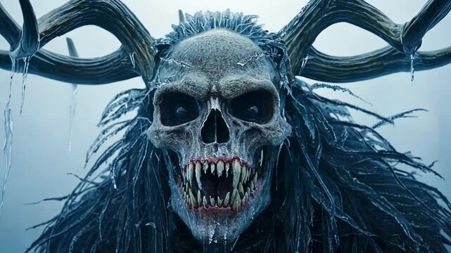 A skeletal, frost-covered Wendigo stalks the mountains, its elongated limbs blending with the icy branches. Its chilling howl echoes silent, foggy dawn, sending shivers down the spine