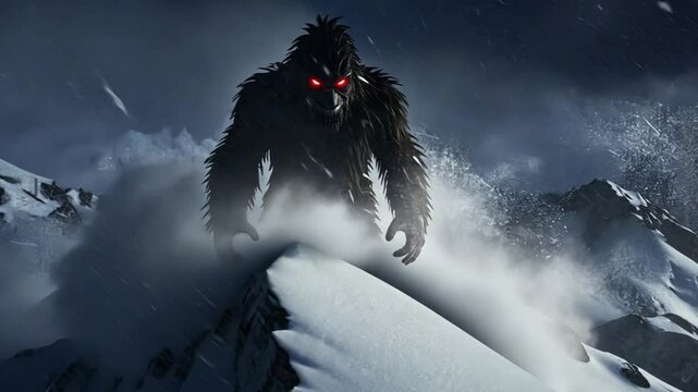 A mysterious yeti with shadow-like fur moves silently blizzard, glowing red eyes barely visible swirling snow. It vanishes and reappears like a ghostly figure haunting the frozen wilderness