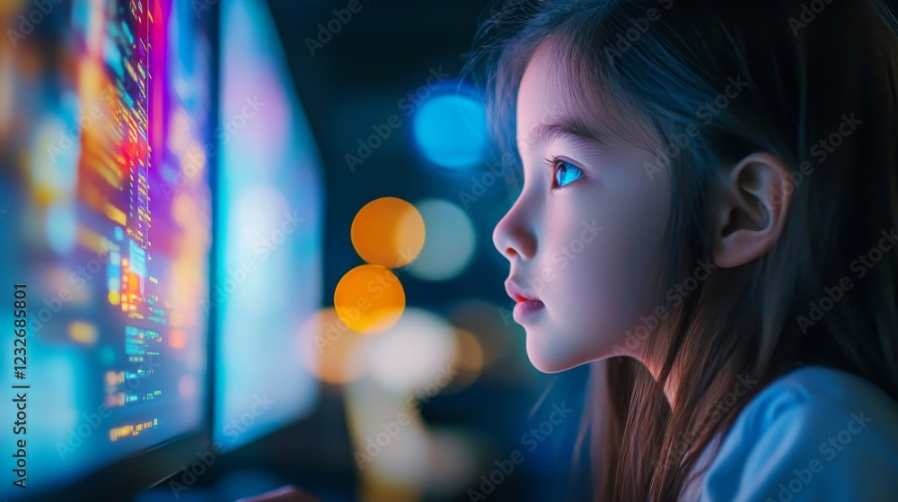 Poster intrigued girl viewing computer screen with colorful code at night