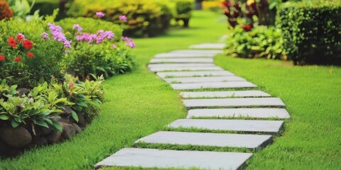Concrete slabs form a winding path through a vibrant garden, creating a serene walkway amidst colorful flowers and greenery
