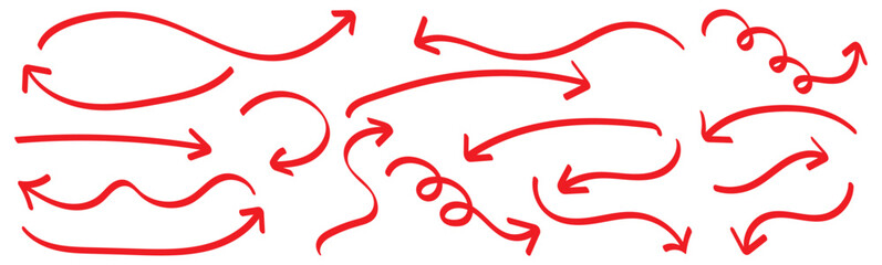 Hand drawn vector arrow set. Collection of line arrows. Set simple curved hand drawn arrows. Collection of pointers.  Set of simple of hand drawn Red arrows. Set of simple lines hand drawn red arrows.