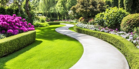 Serpentine walkway curving through manicured garden, flanked by colorful flower borders and verdant grass landscape