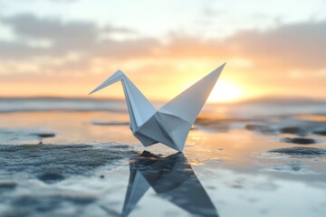 Paper origami crane on ice with sunset background