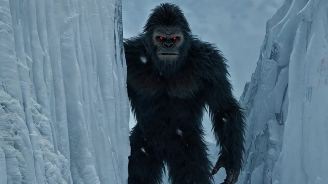 A mysterious yeti with shadow-like fur moves silently blizzard, glowing red eyes barely visible swirling snow. It vanishes and reappears like a ghostly figure haunting the frozen wilderness