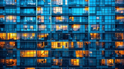 Illuminated Office Buildings With Geometric Glass Architecture at Night