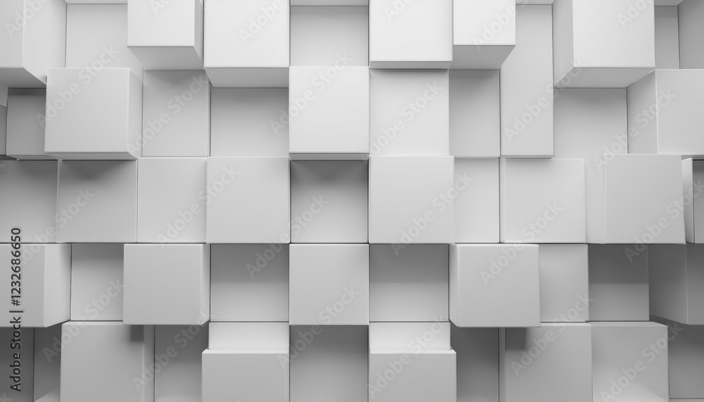 Poster striking composition of overlapping white 3d squares on an abstract geometric background, creating a