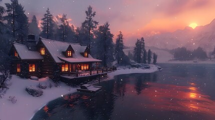 Fototapeta premium Cozy Cabin in Snowy Woodland Landscape with Idyllic Sunset Lake Reflection