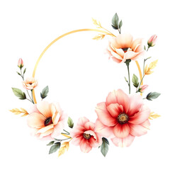 Golden Floral Wreath: A delicate and elegant watercolor illustration of a golden circle adorned with a beautiful arrangement of pink and peach blossoms.