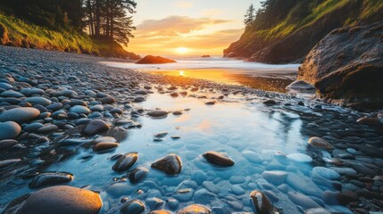 Naklejka premium Sunset over rocky beach cove, calm water, Pacific Northwest, travel poster