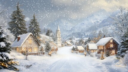 Fototapeta premium Snowy village street, Christmas eve, mountain backdrop, holiday card