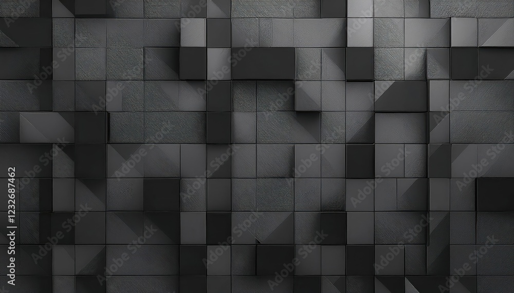 Poster striking abstract geometry in 3d black and grey gray textured squares and square cubes against a con