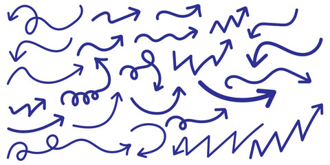 Set of Blue Hand drawn vector arrows doodle on white background. Hand drawn brush vector arrows. Hand drawn organic arrow set. Hand drawn arrow vector icons set. Blue sketch arrow set.