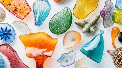 Colorful glass art pieces & seashell on white background, studio shot, craft fair display
