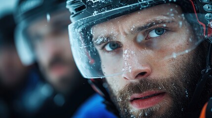 A focused ice hockey player, clad in gear and helmet, displays determination and intensity in a snowy arena, encapsulating the competitive spirit of winter sports.