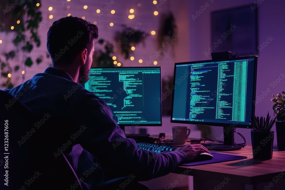 Poster focused programmer working late at night in a dimly lit workspace with dual monitors