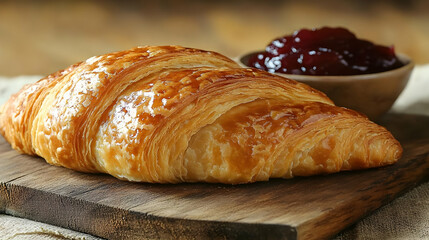 Golden Brown Buttery Croissant with Red Fruit Jam on Rustic Wooden Board