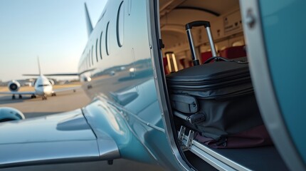 Obraz premium The luggage compartment of the aircraft in which the suitcases lie. Loading luggage on the plane.