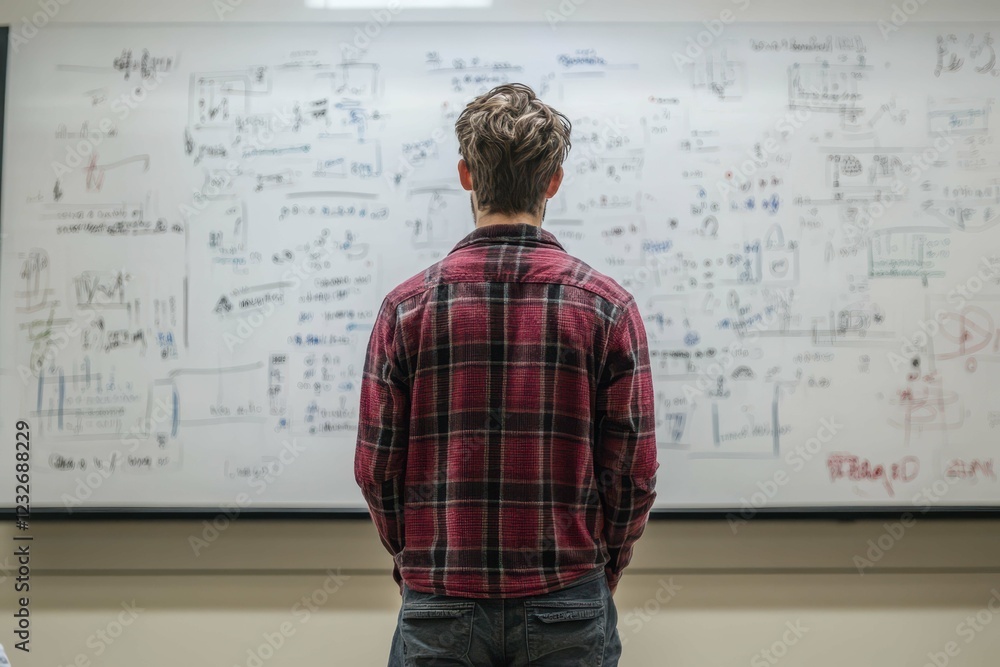 Poster student analyses complex equations and diagrams during a study session in a classroom setting