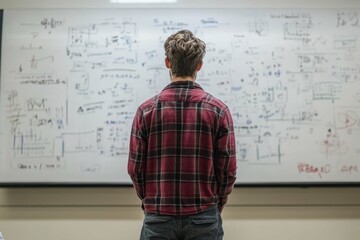 Student analyses complex equations and diagrams during a study session in a classroom setting