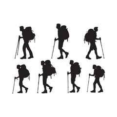 Naklejka premium Set of silhouette of Hiking man. hikers with rucksacks and backpack silhouette.