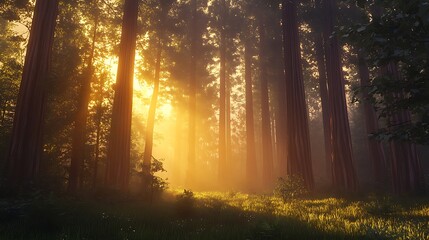 A serene forest scene at sunrise, with sunlight filtering through tall trees and mist.