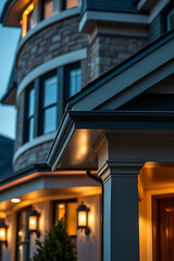 Luxury Home Exterior at Night: Captivating Architecture and Design.  Discover the elegance of this modern residence, showcasing stunning stonework, warm lighting, and exquisite details.