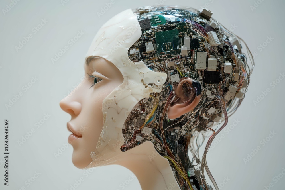 Poster innovative humanoid robot head displays intricate internal circuitry and technology features in a mo