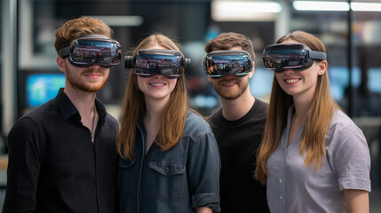 A group of four VR developers, two men and two women, wearing casual startup attire, standing in a tech lab with blurred futuristic headsets and holographic gaming environments behind them.