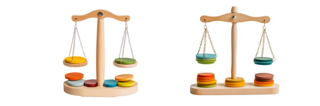 Scales of Justice colorful wooden toys on a transparent 