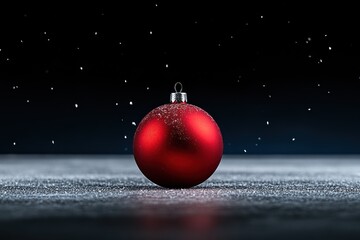 Red Christmas Ornament on Snowy Table with Snowfall Background