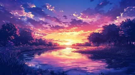 Obraz premium Vibrant sunset reflecting on calm river, trees, colorful sky, idyllic landscape, digital art