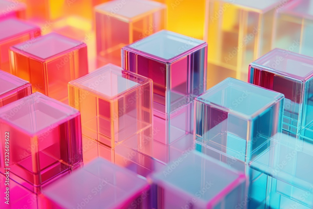 Poster colorful translucent cubes create an abstract artistic display with vibrant lighting effects