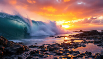 Fototapeta premium Majestic Ocean Wave at Sunset: A Breathtaking Coastal Scene