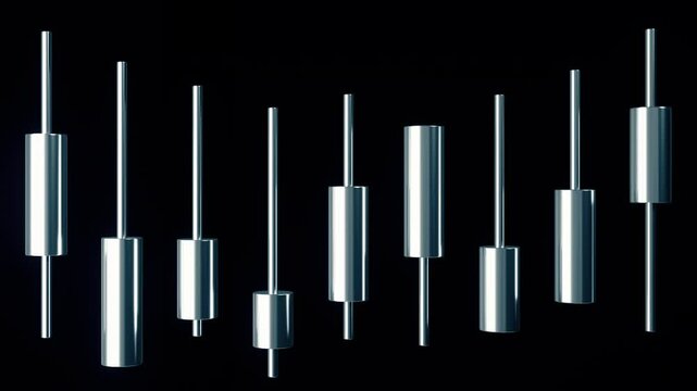 Metal Japanese Candlesticks Chart Loop. suitable for finance, trading, stock market visuals, data analysis and business backgrounds. Ultra HD 4K 3840x2160 Seamless loop 3D Animation.