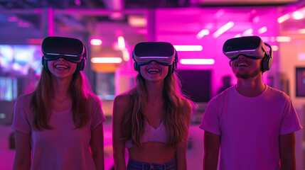 A group of four VR developers, two men and two women, wearing casual startup attire, standing in a tech lab with blurred futuristic headsets and holographic gaming environments behind them.