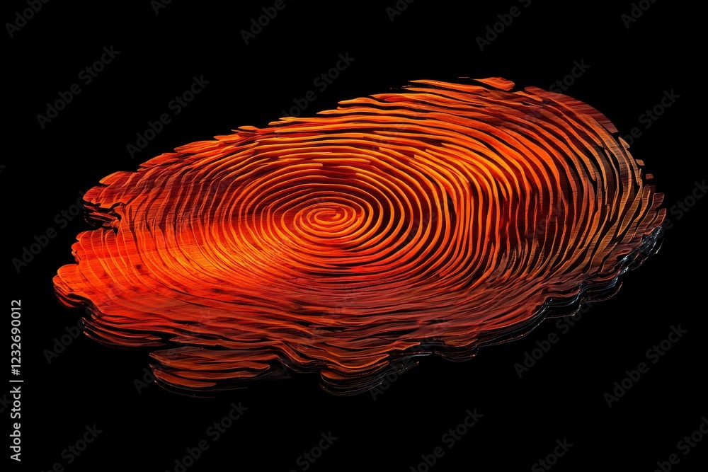 Poster intricate design of a spiral pattern resembling a fingerprint in deep red and orange hues on a dark 