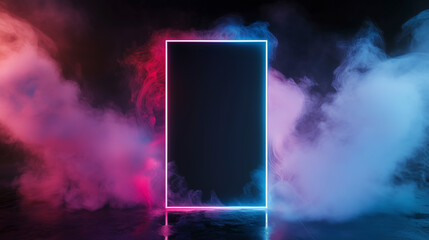 Neon-framed blank space surrounded by swirling colorful smoke