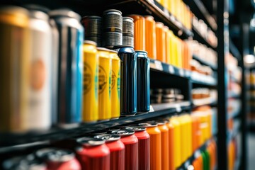 Colorful beverage cans lined neatly on shelves in a grocery store aisle during daytime shopping hours