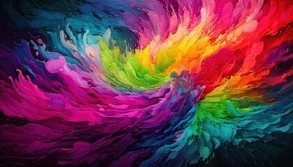 Dynamic abstract painting with a swirling explosion of vivid colors, blending seamlessly in a fluid motion, creating a mesmerizing visual effect.