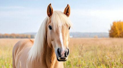 Fototapeta premium Palomino horse in autumn field, nature background, equine portrait, stock photo