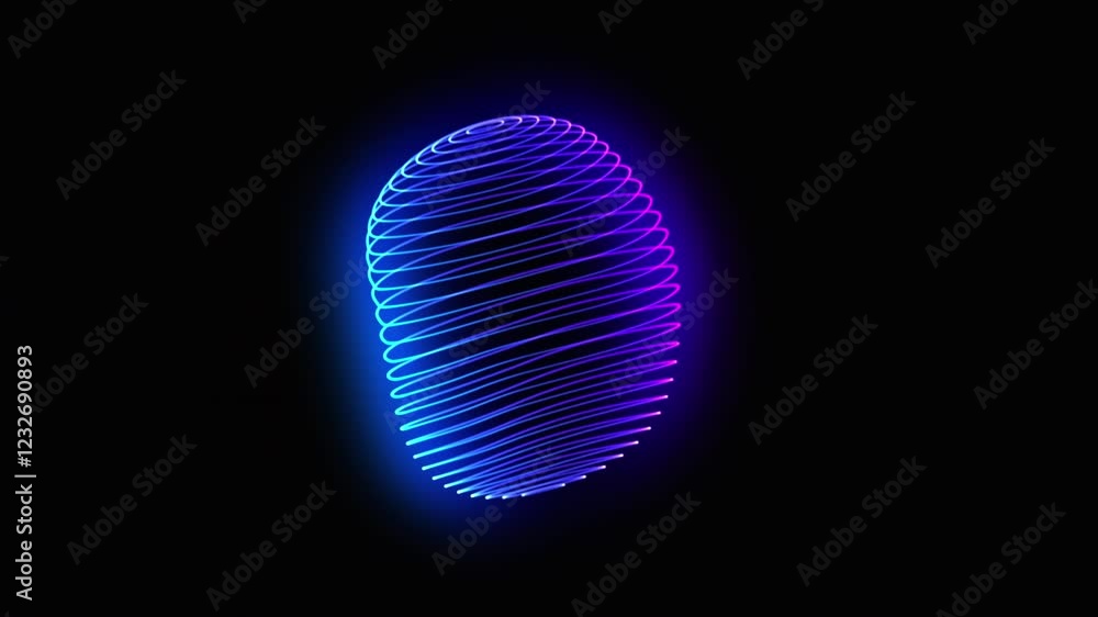 Wall mural neon glowing 3d sphere of blue and purple gradient strings flowing and rotating on black. abstract f