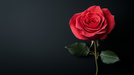 Fototapeta premium Classic elegance a single red rose with delicate petals placed on a reflective black surface with space for text