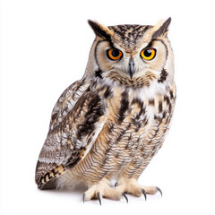 Obraz premium Majestic owl with striking eye patterns, perched against a white background, wildlife portrait for nature enthusiasts