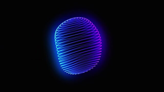 Neon glowing 3d sphere of blue and purple gradient strings flowing and rotating on black. Abstract futuristic 3d figure or orb changing shape. Future technology, science, and energy motion. 4k loop