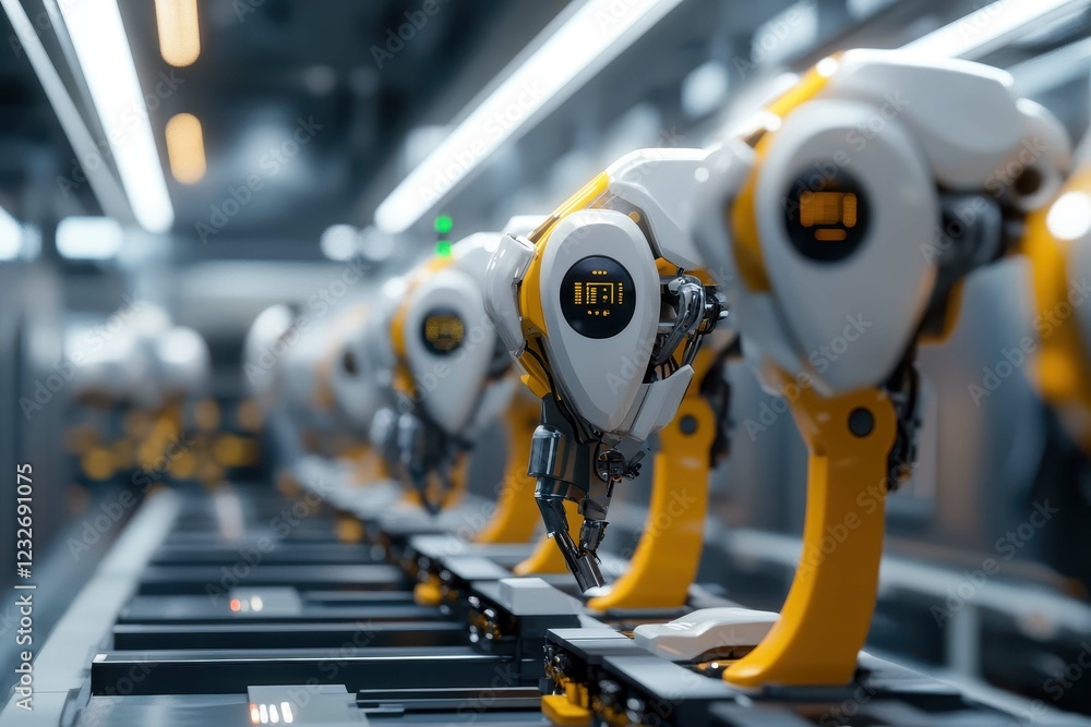 Poster advanced robotic assembly line in a high-tech manufacturing facility working on products during the 