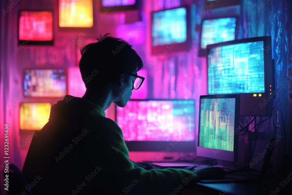 Poster person working at multiple computer screens in a colorful tech environment at night