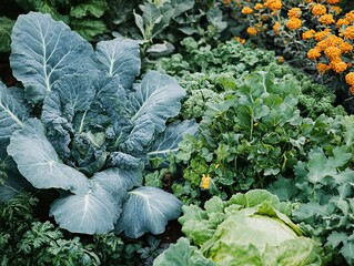 Naklejka premium A Lush Garden Displaying Vibrant Vegetables and Flowers in a Natural Setting