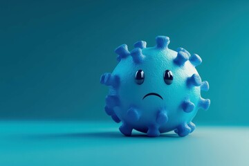 Blue cartoon virus character with a sad expression on a teal background