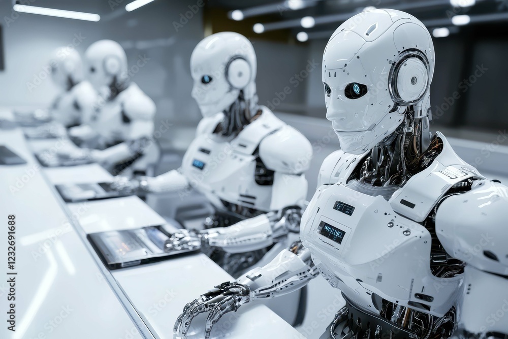 Poster advanced humanoid robots work collaboratively in a futuristic lab environment