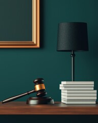 A stylish desk featuring a gavel, lamp, and stacked books against a dark green wall, reflecting a legal or judicial theme.